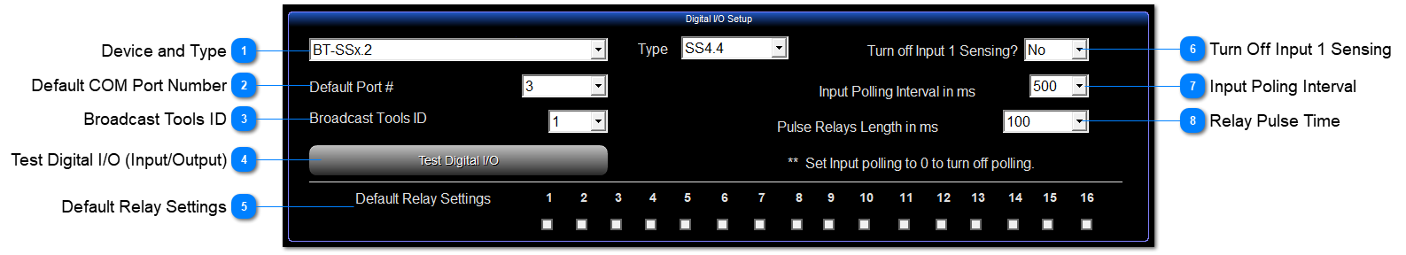 Digital I/O (Input/Output) Setup Area